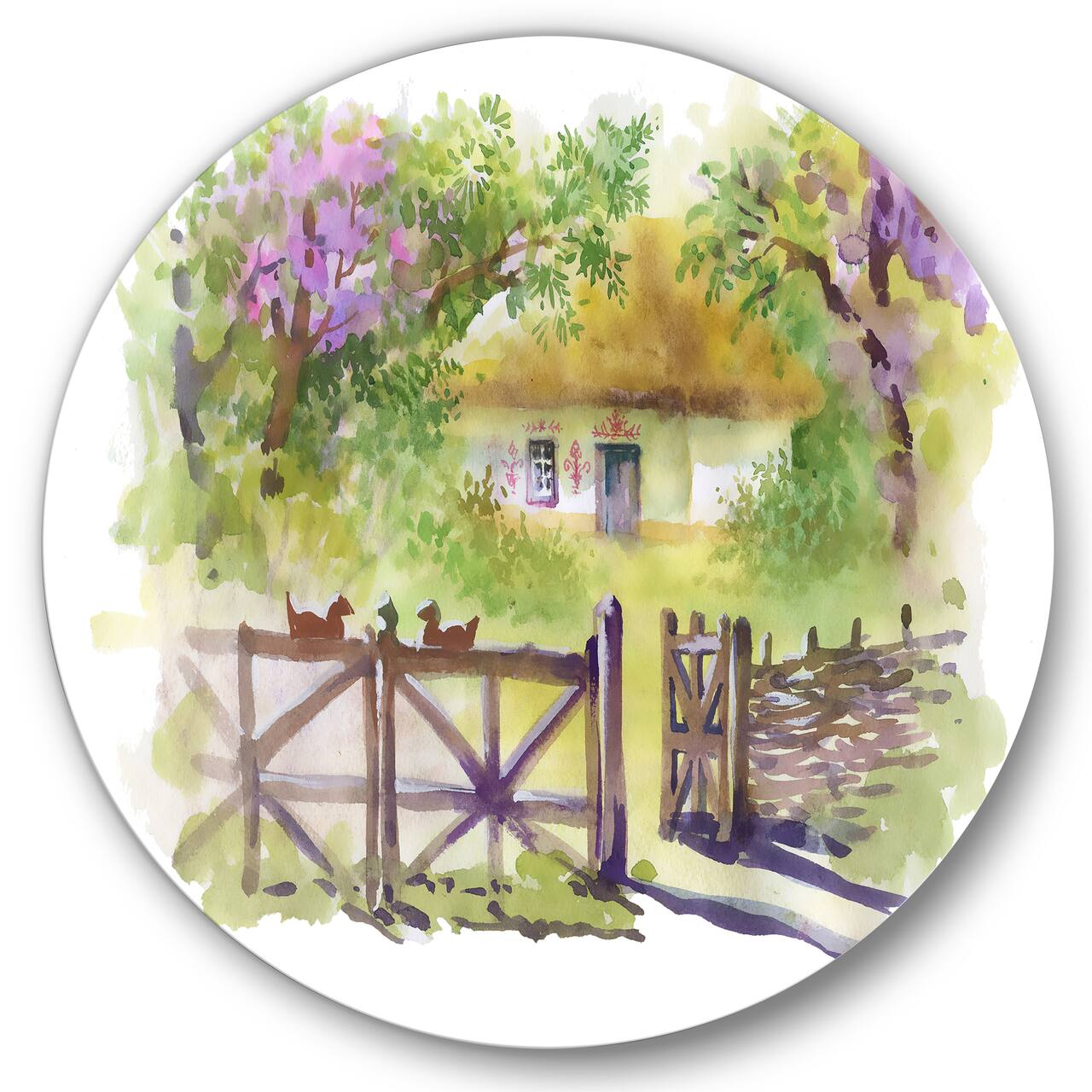 Designart - Painting Of Rustic Cottage In The Woods - Traditional Metal Circle Wall Art